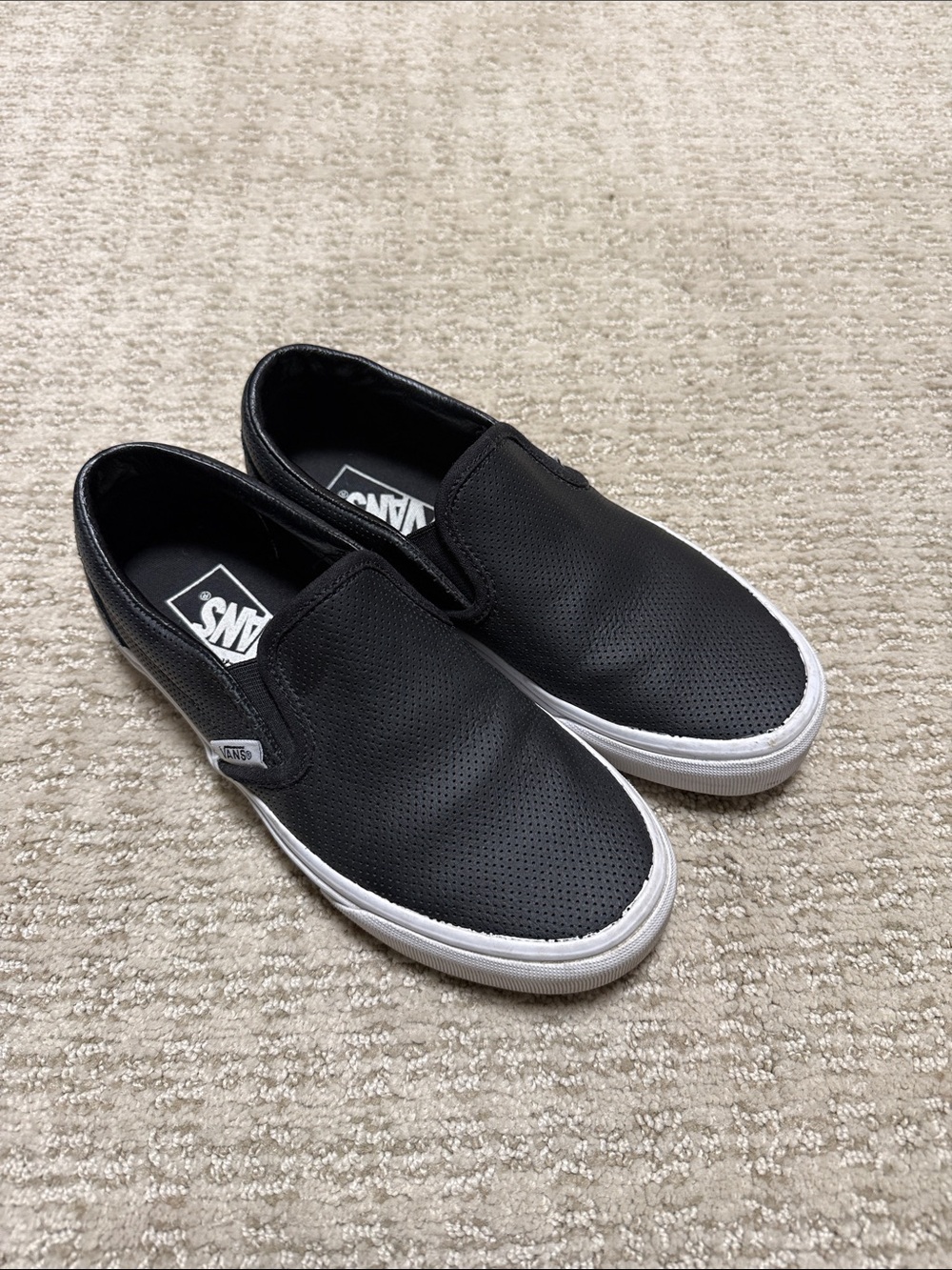 Vans Black Slip-On Perforated Leather Loafers with White Soles